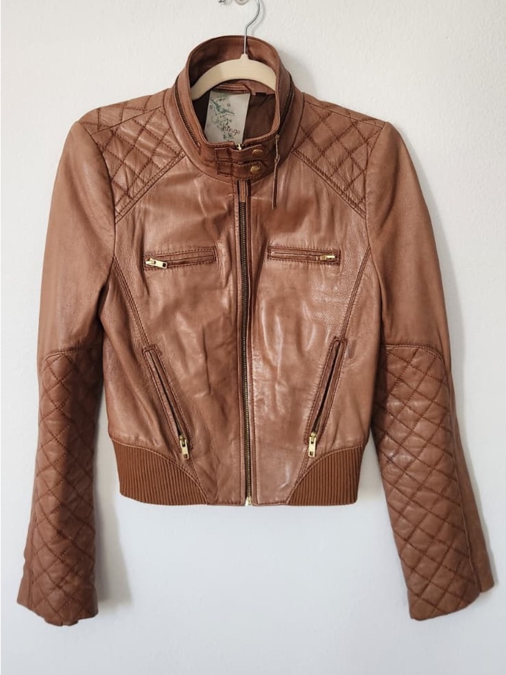 Womens Quilted Leather Bomber Jacket - Brown